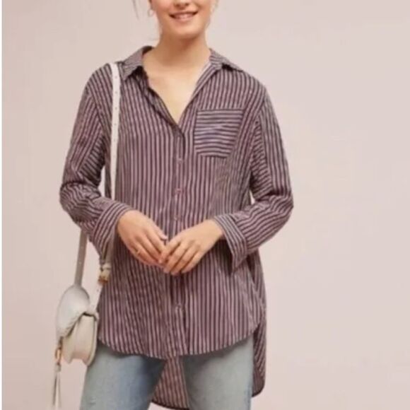 MAEVE ANTHROPOLOGIE Adelaide Poplin Button Down Shirt Red Blue Striped Small - Picture 7 of 11